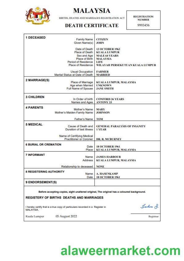 Malaysia death certificate template in Word and PDF format
